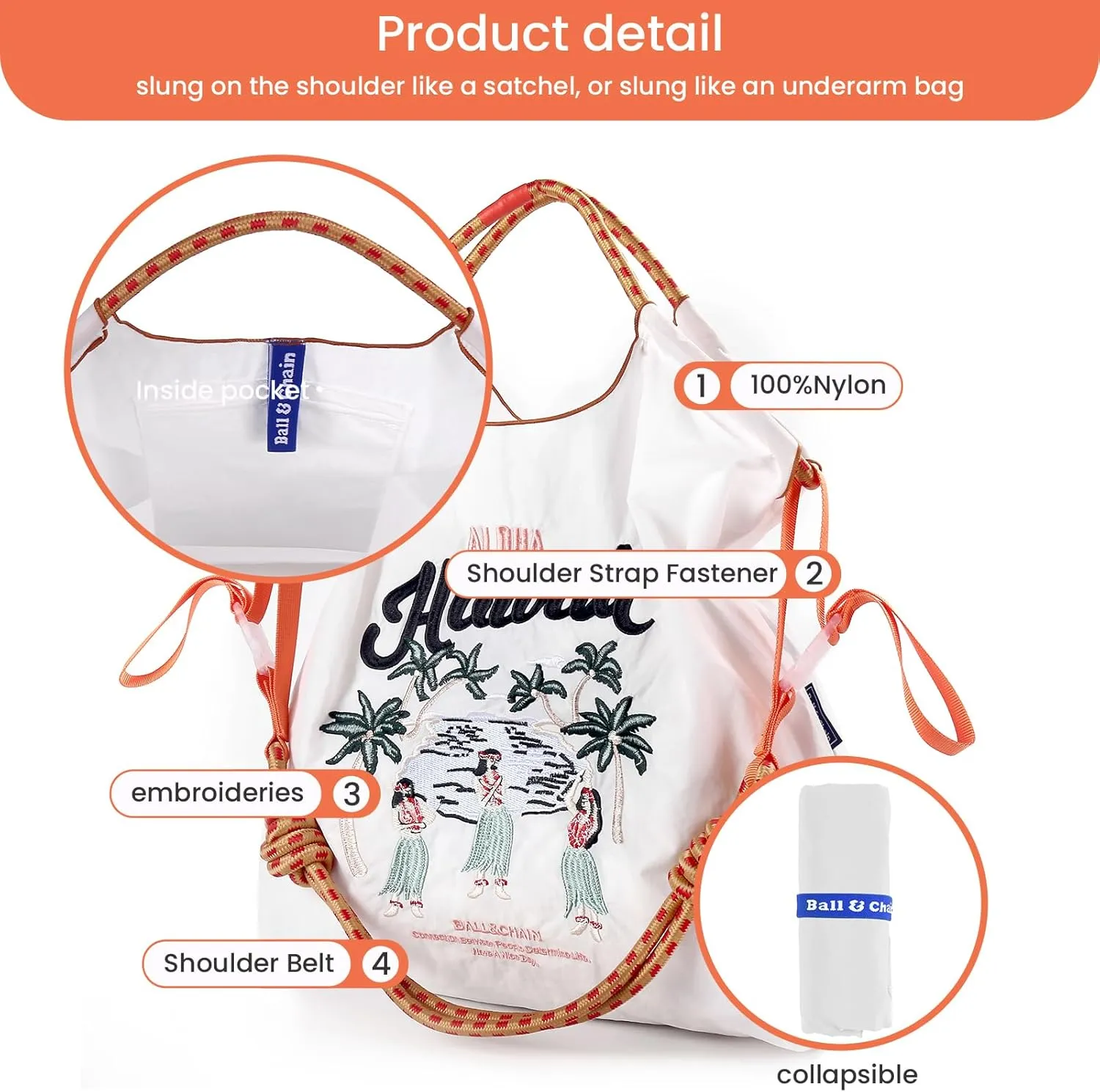 Ball&Chain The Embroidery Ultimate Nylon Tote Bag for Women - Perfect for Live Shopping, Travel, Birthdays, and Beach.