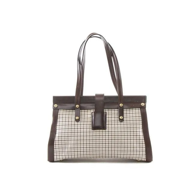Bally Vintage Pursesdesigner Purses Brown Leather And Brown And Bluish Grey Plaid Canvas Satchel