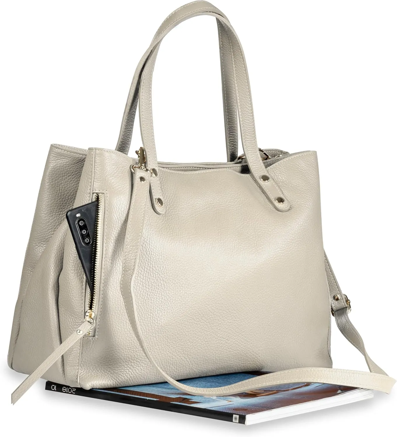 Baroncelli Large Leather Tote Bag Genuine Italian Pebbled Leather Designed and Made in Italy