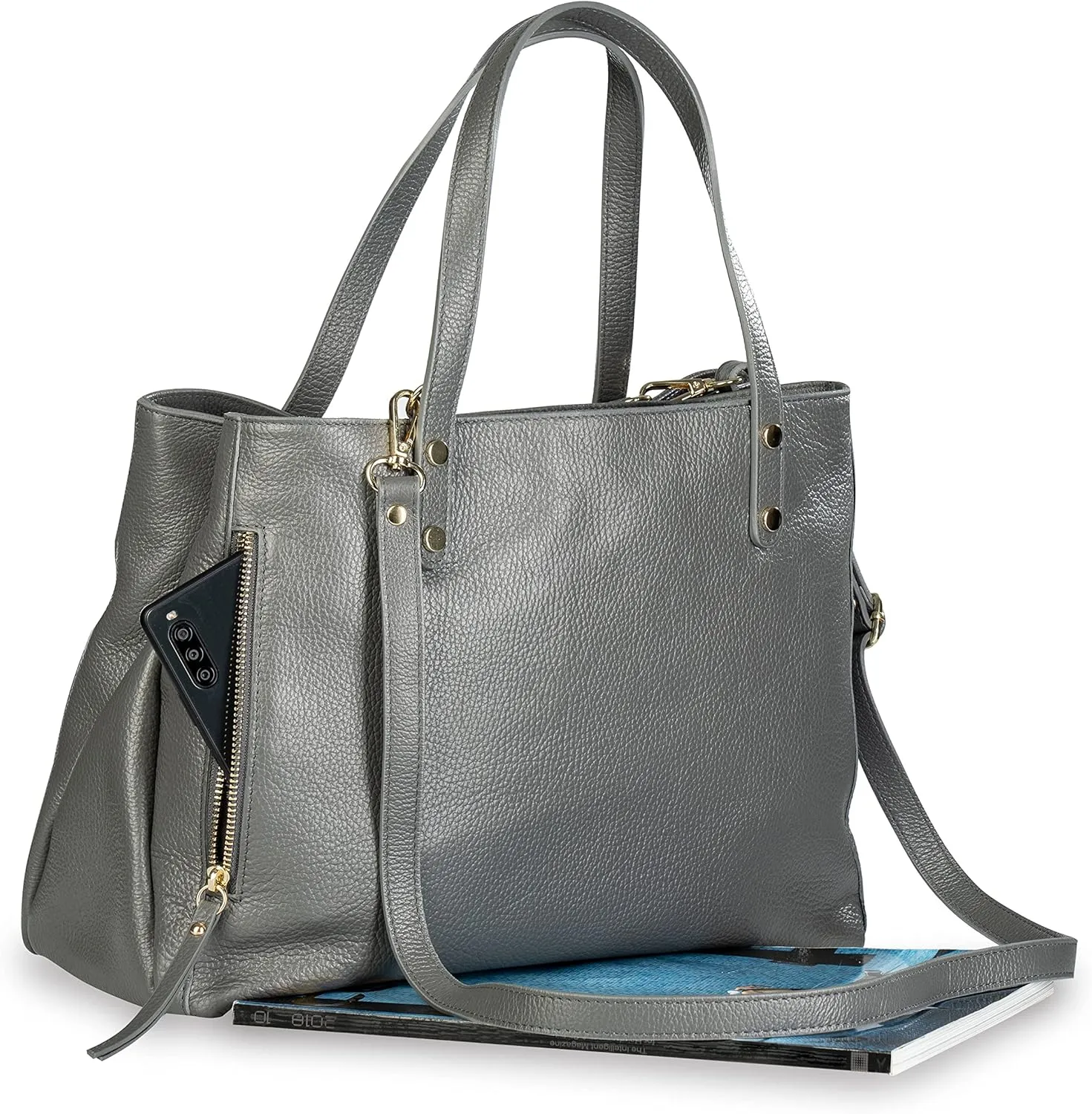 Baroncelli Large Leather Tote Bag Genuine Italian Pebbled Leather Designed and Made in Italy