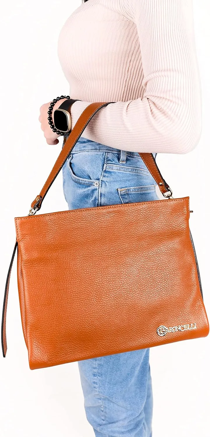 Baroncelli Leather Tote Bag Medium Size Genuine Italian Pebbled Leather Designed and Made in Italy