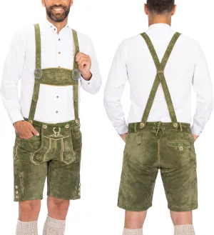 BAVARIA TRACHTEN Lederhosen Men Oktoberfest Costume, Genuine Leather German, Mushroom Brown Short, Green, White, Goat