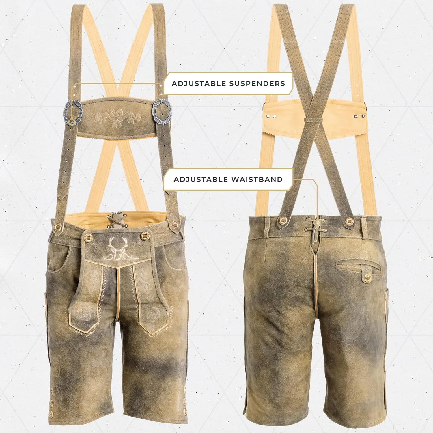 BAVARIA TRACHTEN Lederhosen Men Oktoberfest Costume, Genuine Leather German, Mushroom Brown Short, Green, White, Goat