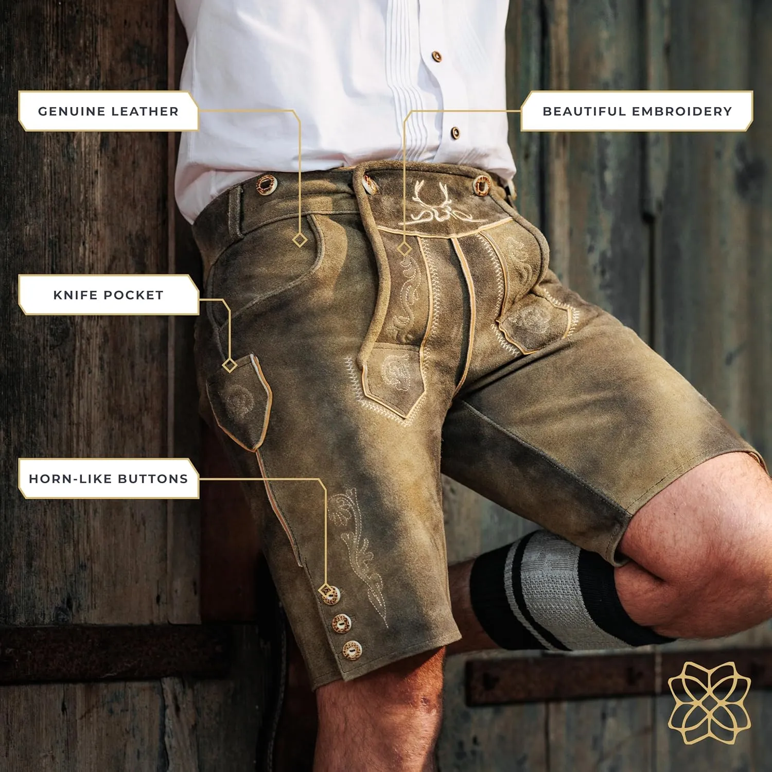 BAVARIA TRACHTEN Lederhosen Men Oktoberfest Costume, Genuine Leather German, Mushroom Brown Short, Green, White, Goat