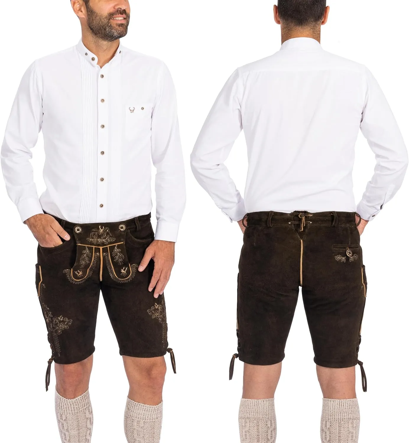 BAVARIA TRACHTEN Lederhosen Men Oktoberfest Costume, Genuine Leather German, Mushroom Brown Short, Green, White, Goat