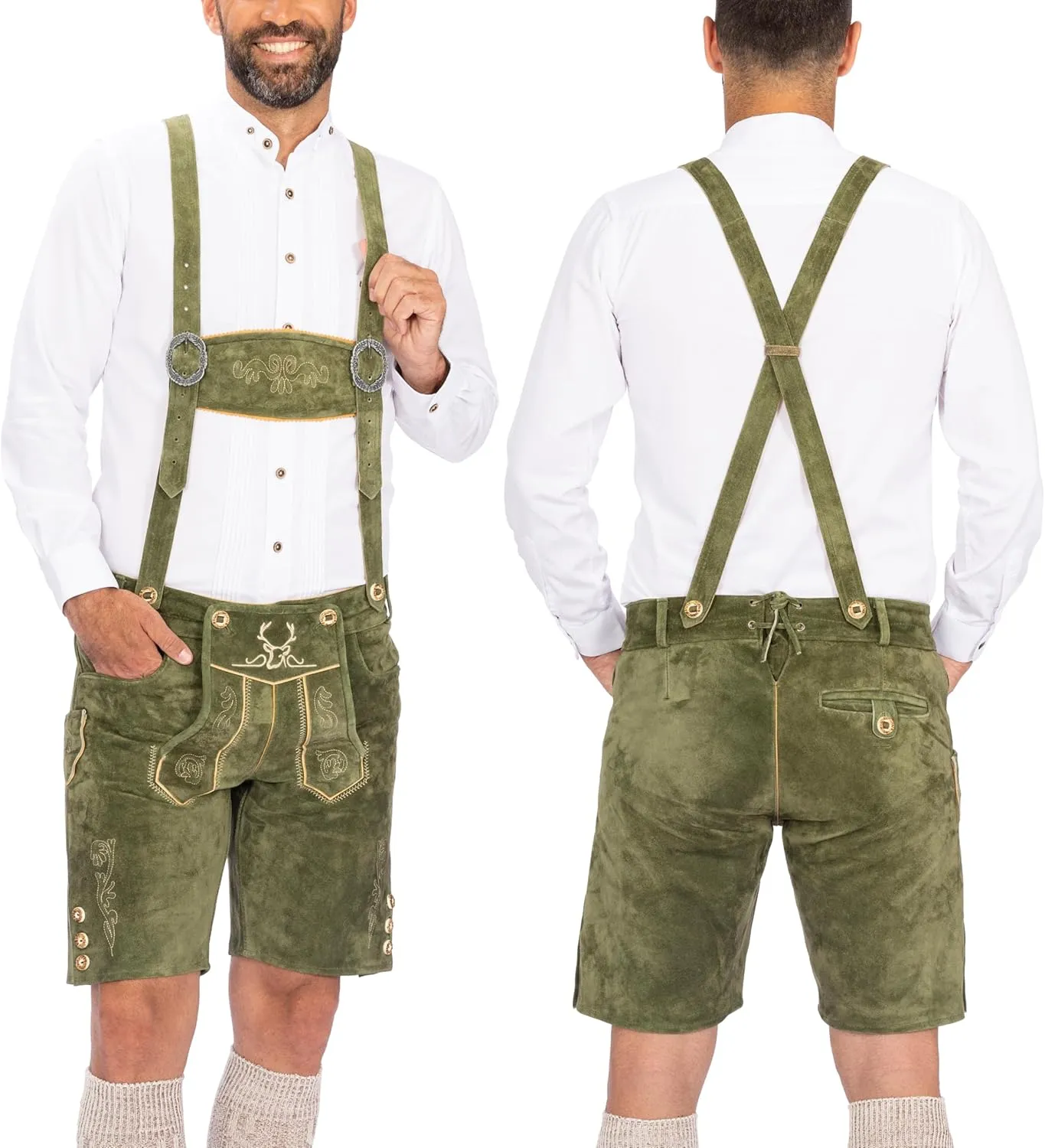 BAVARIA TRACHTEN Lederhosen Men Oktoberfest Costume, Genuine Leather German, Mushroom Brown Short, Green, White, Goat