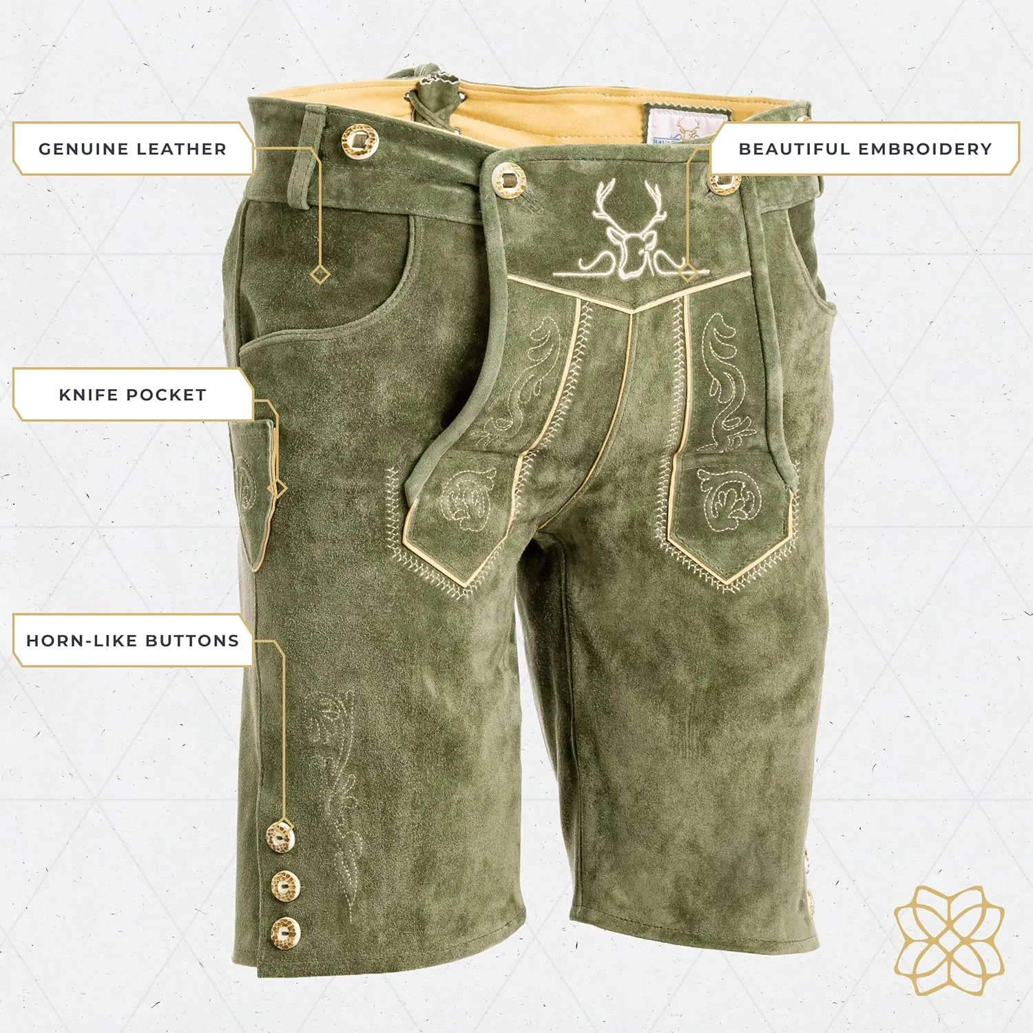 BAVARIA TRACHTEN Lederhosen Men Oktoberfest Costume, Genuine Leather German, Mushroom Brown Short, Green, White, Goat