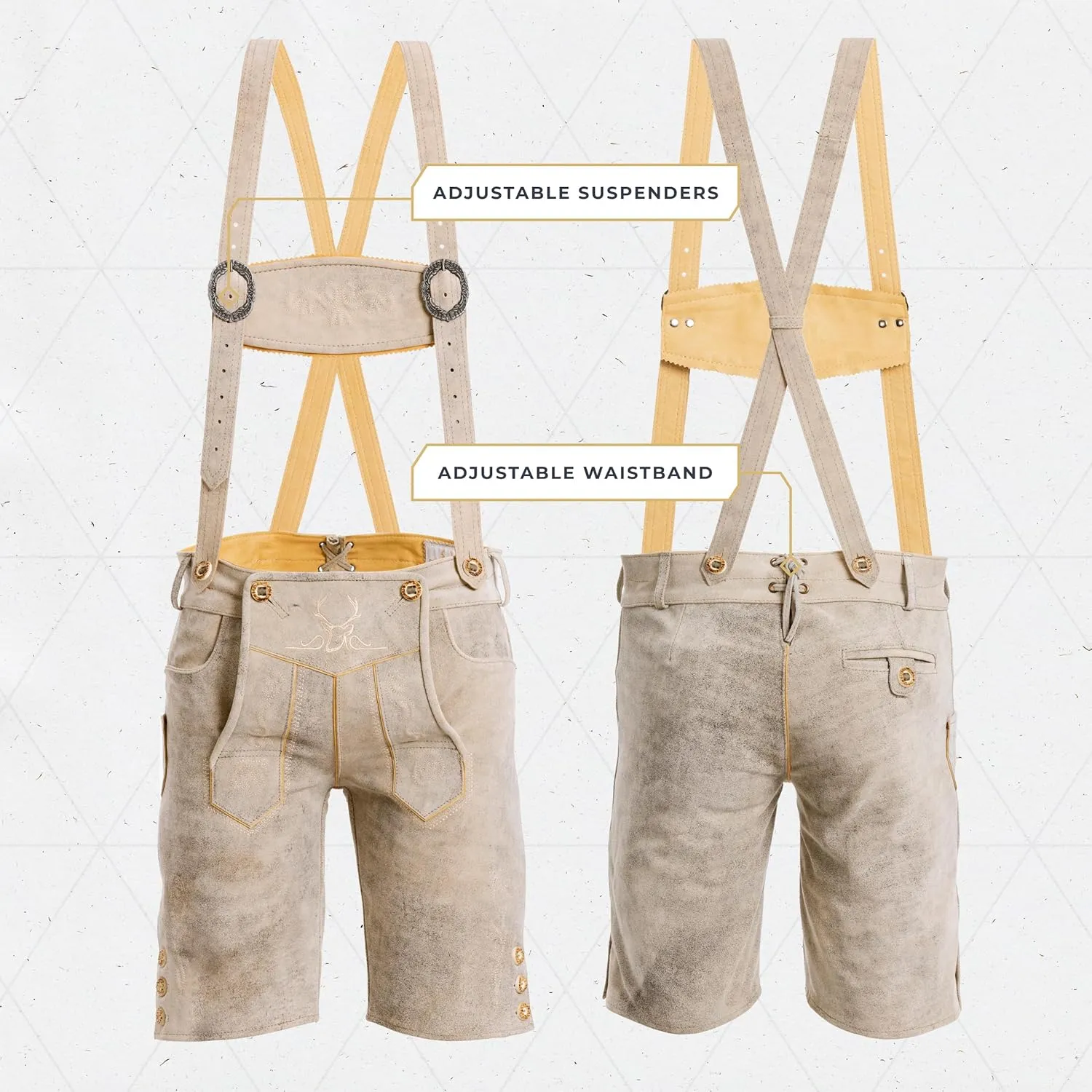 BAVARIA TRACHTEN Lederhosen Men Oktoberfest Costume, Genuine Leather German, Mushroom Brown Short, Green, White, Goat