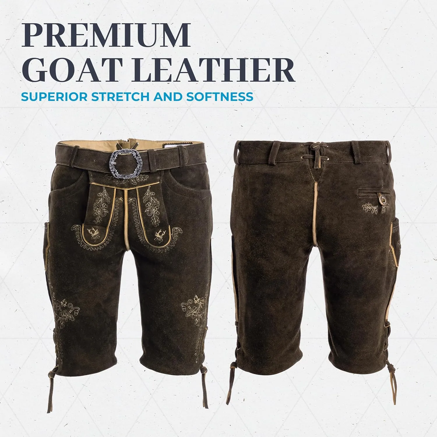 BAVARIA TRACHTEN Lederhosen Men Oktoberfest Costume, Genuine Leather German, Mushroom Brown Short, Green, White, Goat