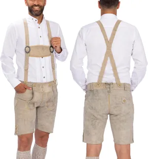 BAVARIA TRACHTEN Lederhosen Men Oktoberfest Costume, Genuine Leather German, Mushroom Brown Short, Green, White, Goat
