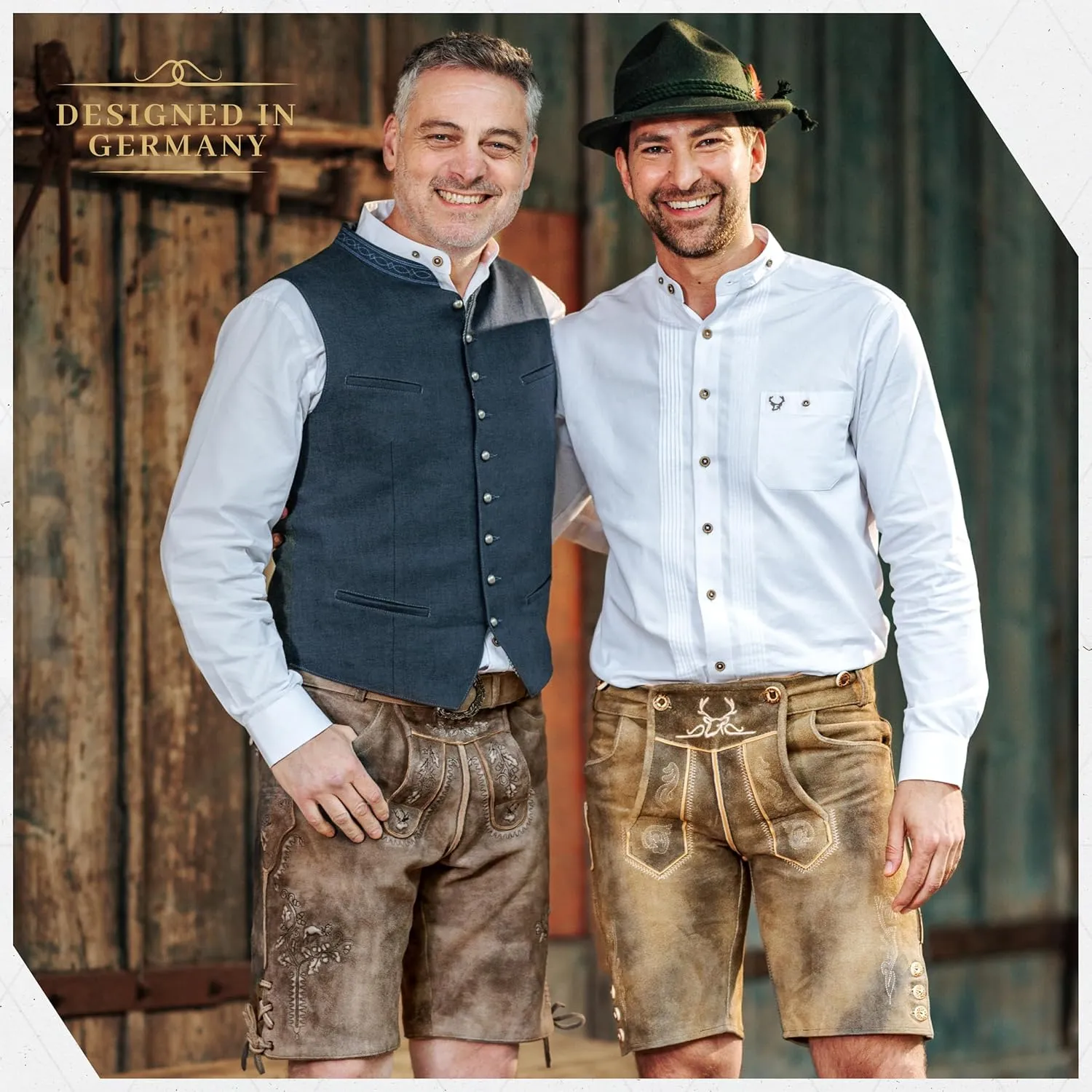 BAVARIA TRACHTEN Lederhosen Men Oktoberfest Costume, Genuine Leather German, Mushroom Brown Short, Green, White, Goat