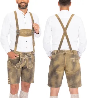 BAVARIA TRACHTEN Lederhosen Men Oktoberfest Costume, Genuine Leather German, Mushroom Brown Short, Green, White, Goat
