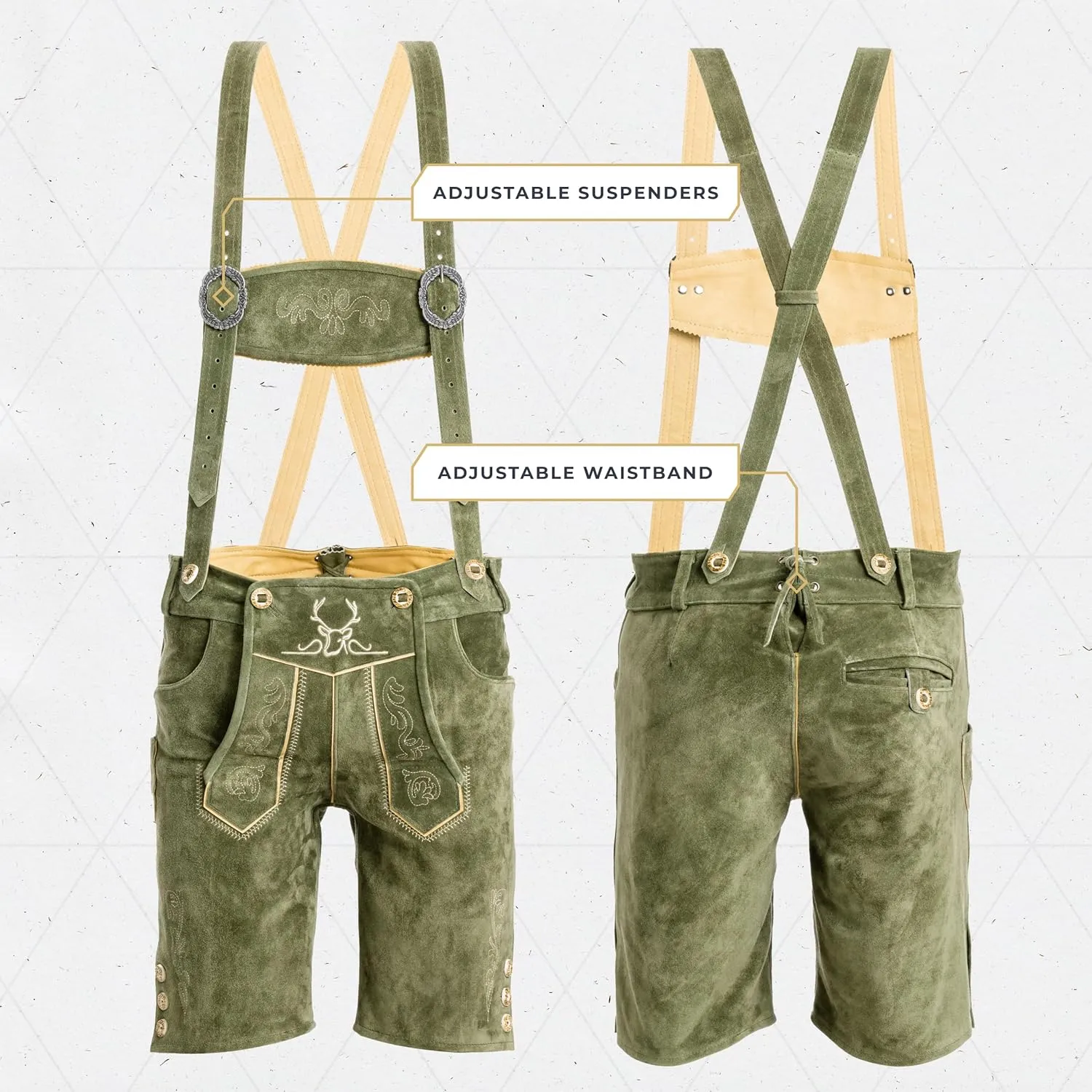 BAVARIA TRACHTEN Lederhosen Men Oktoberfest Costume, Genuine Leather German, Mushroom Brown Short, Green, White, Goat