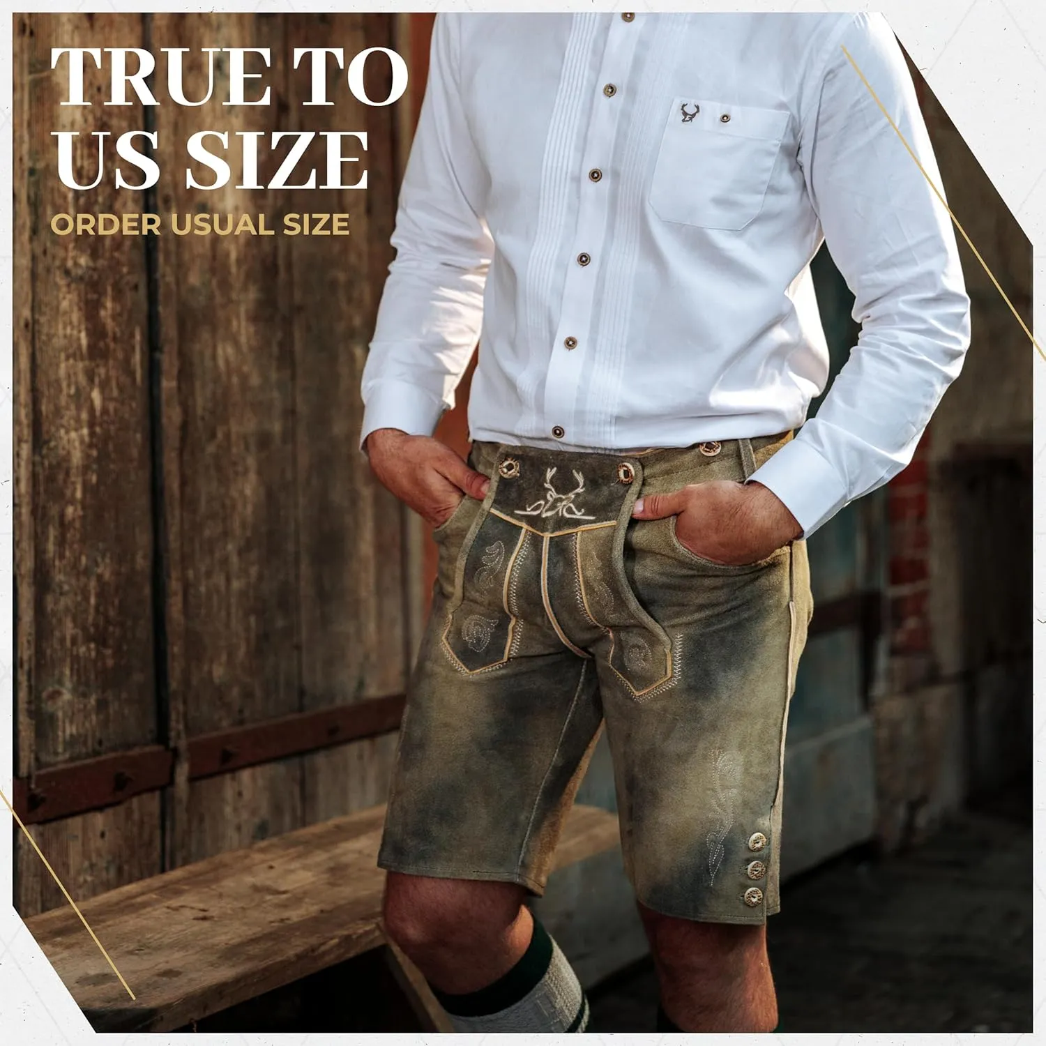 BAVARIA TRACHTEN Lederhosen Men Oktoberfest Costume, Genuine Leather German, Mushroom Brown Short, Green, White, Goat