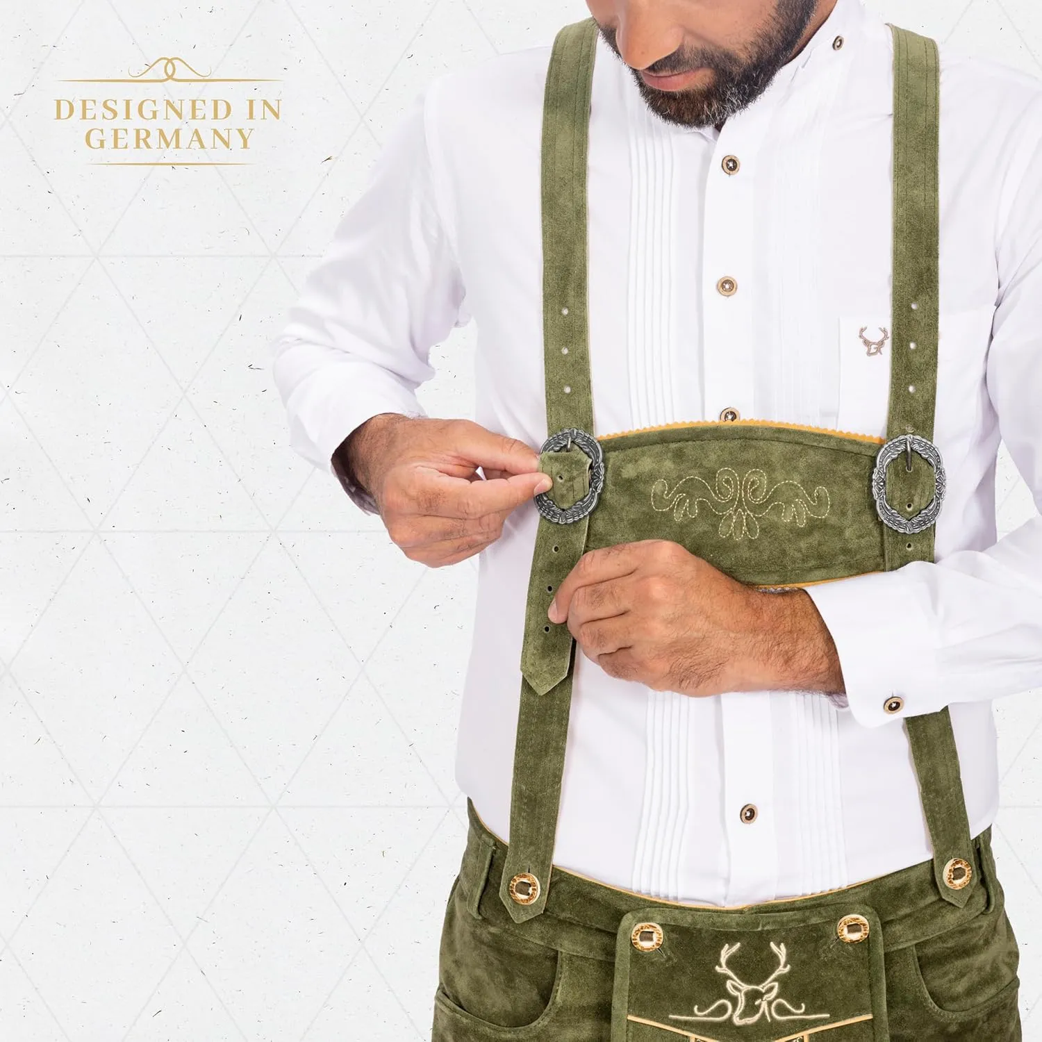 BAVARIA TRACHTEN Lederhosen Men Oktoberfest Costume, Genuine Leather German, Mushroom Brown Short, Green, White, Goat
