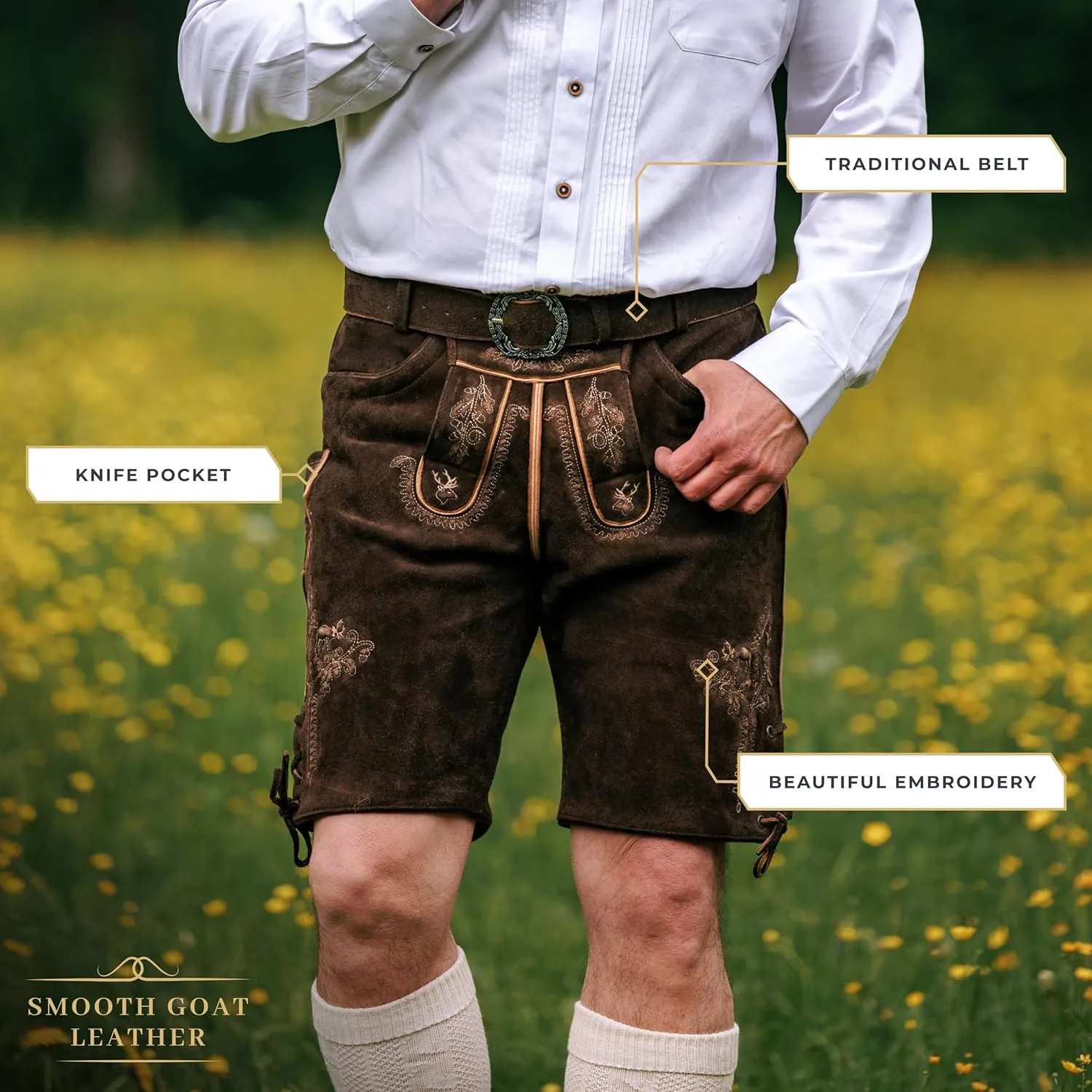 BAVARIA TRACHTEN Lederhosen Men Oktoberfest Costume, Genuine Leather German, Mushroom Brown Short, Green, White, Goat