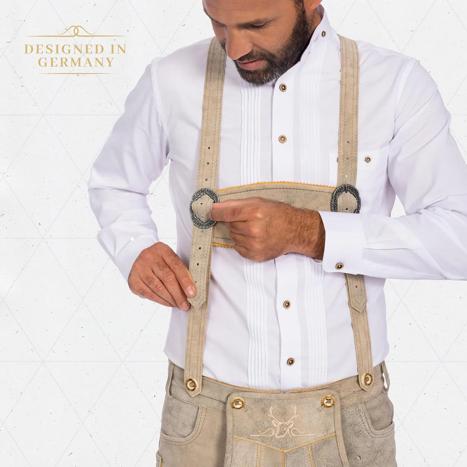 BAVARIA TRACHTEN Lederhosen Men Oktoberfest Costume, Genuine Leather German, Mushroom Brown Short, Green, White, Goat