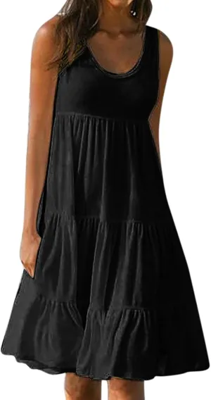 Beach Dress for Women Solid Smocked Tiered Ruffle Flowy Midi Dresses Causal Summer Sleeveless Hawaiian Beach Sundress