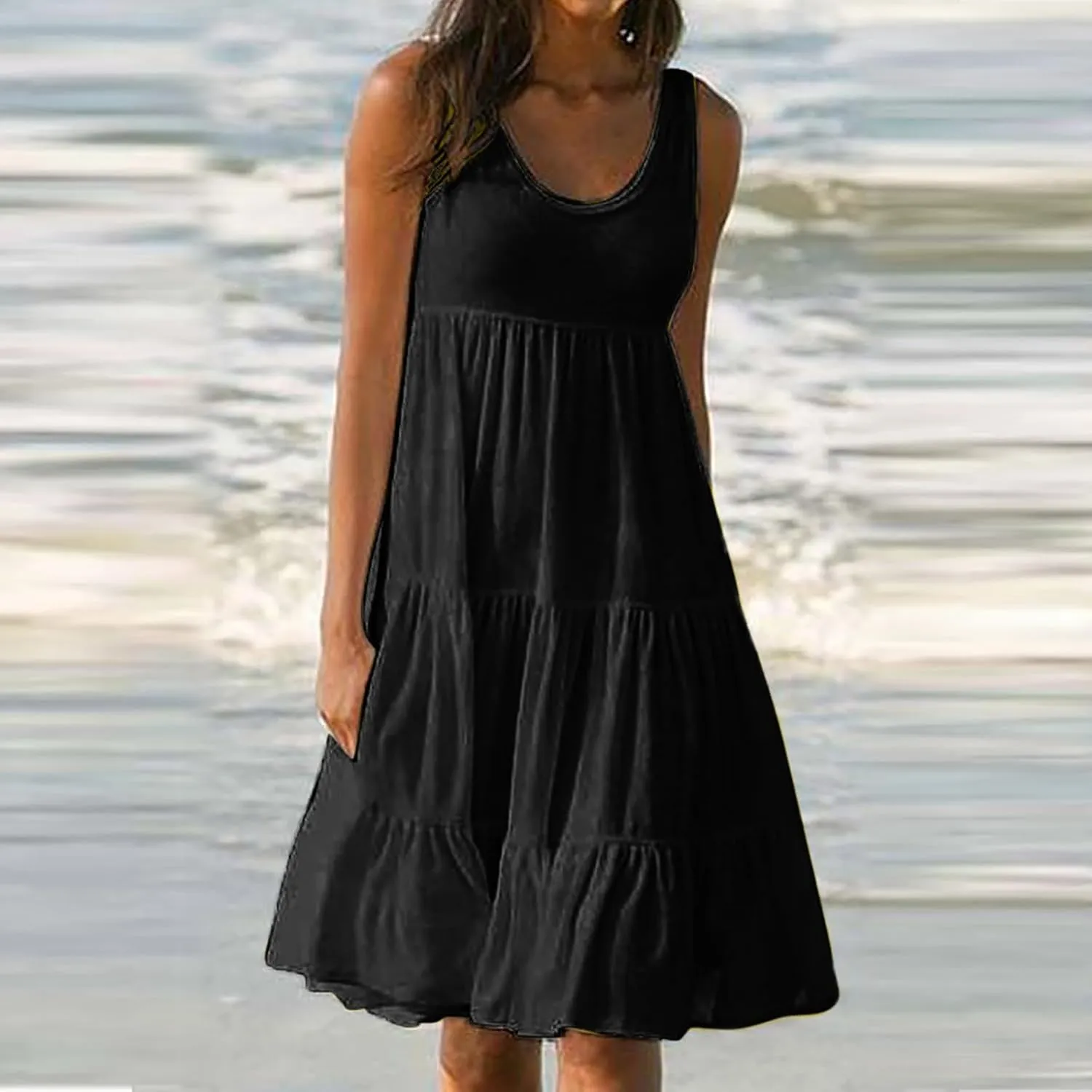 Beach Dress for Women Solid Smocked Tiered Ruffle Flowy Midi Dresses Causal Summer Sleeveless Hawaiian Beach Sundress