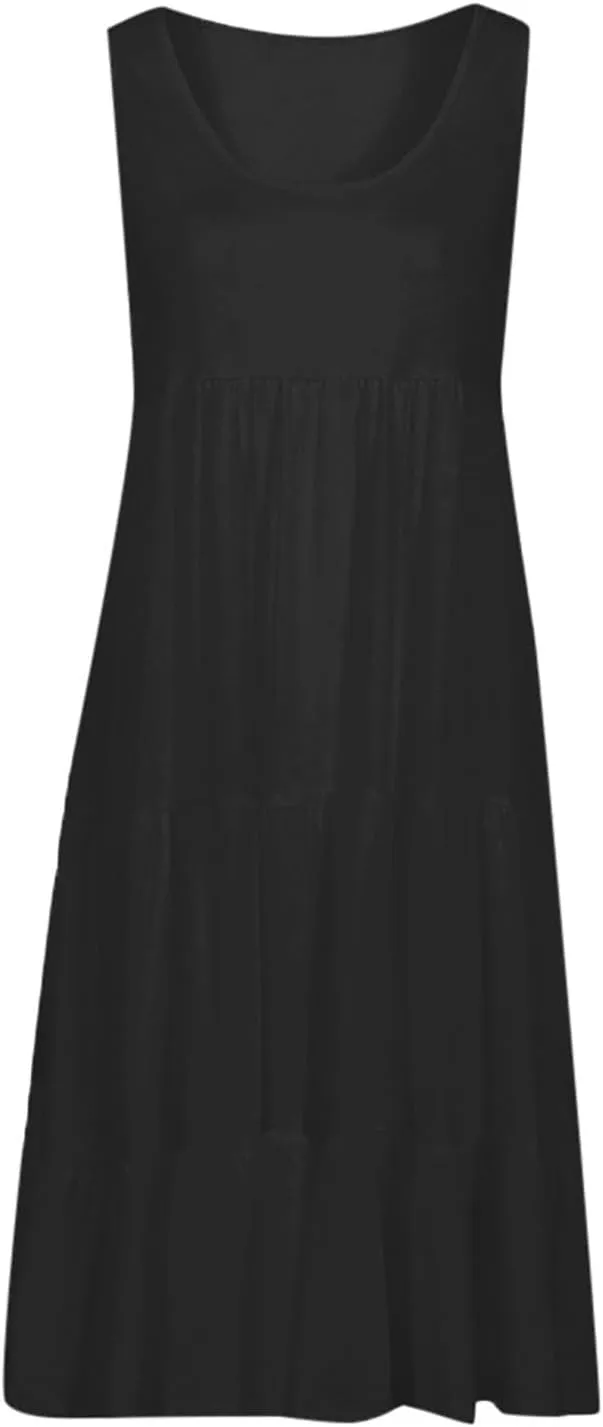 Beach Dress for Women Solid Smocked Tiered Ruffle Flowy Midi Dresses Causal Summer Sleeveless Hawaiian Beach Sundress