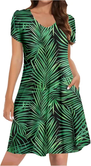 Beach Dresses for Women Casual V-Neck Short Sleeve Bohemian Print Sundress Summer Floral Fashion Dress 2025