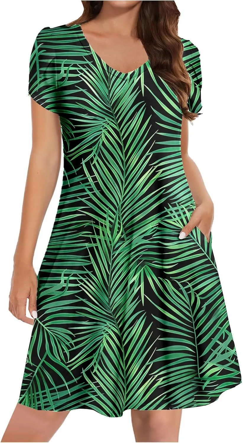 Beach Dresses for Women Casual V-Neck Short Sleeve Bohemian Print Sundress Summer Floral Fashion Dress 2025