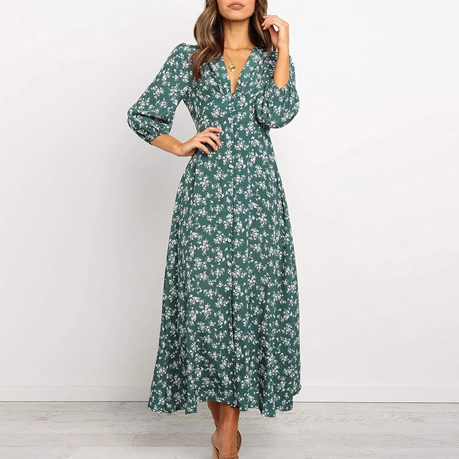 Beach Dresses for Women,2024 Summer Trendy Elegant Wrap V Neck Floral Boho Dress,Flowy Ruched Hawaiian Maxi Dress