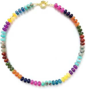 Beaded Gemstone Necklace for Women, Colorful Boho Bead Choker Natural Stone Surfer Beach Rainbow Color Bead 18K Gold Plated DIY Handmade Jewelry Charm Trendy Birthday Gifts - Rainbow A