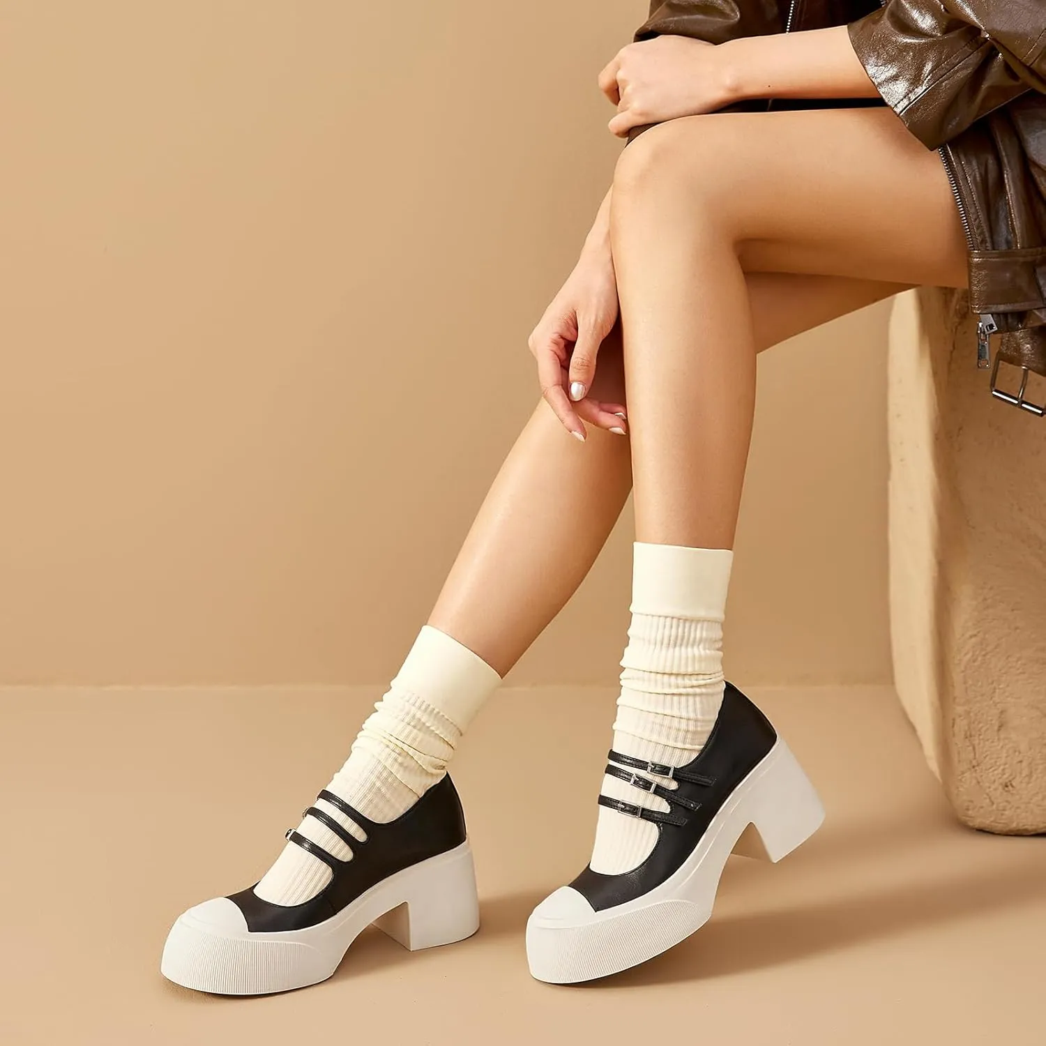 BEAU TODAY Women's Platform Mary Jane Pumps, Genuine Leather Chunky Block Mary Jane Shoes Women Heels, Closed Round Toe Dress Pumps Shoes with Buckle Strap for Office Party Casual Weeding