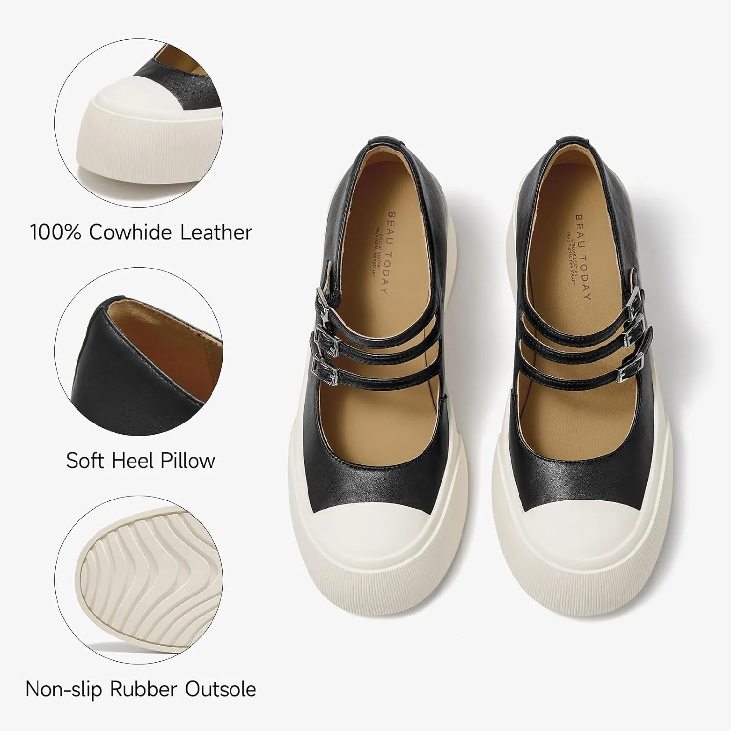 BEAU TODAY Women's Platform Mary Jane Pumps, Genuine Leather Chunky Block Mary Jane Shoes Women Heels, Closed Round Toe Dress Pumps Shoes with Buckle Strap for Office Party Casual Weeding