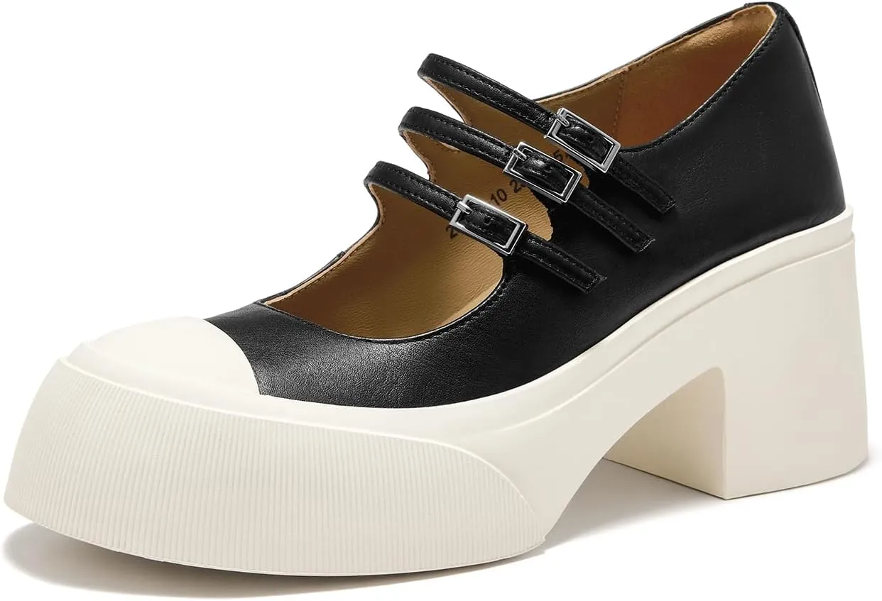 BEAU TODAY Women's Platform Mary Jane Pumps, Genuine Leather Chunky Block Mary Jane Shoes Women Heels, Closed Round Toe Dress Pumps Shoes with Buckle Strap for Office Party Casual Weeding