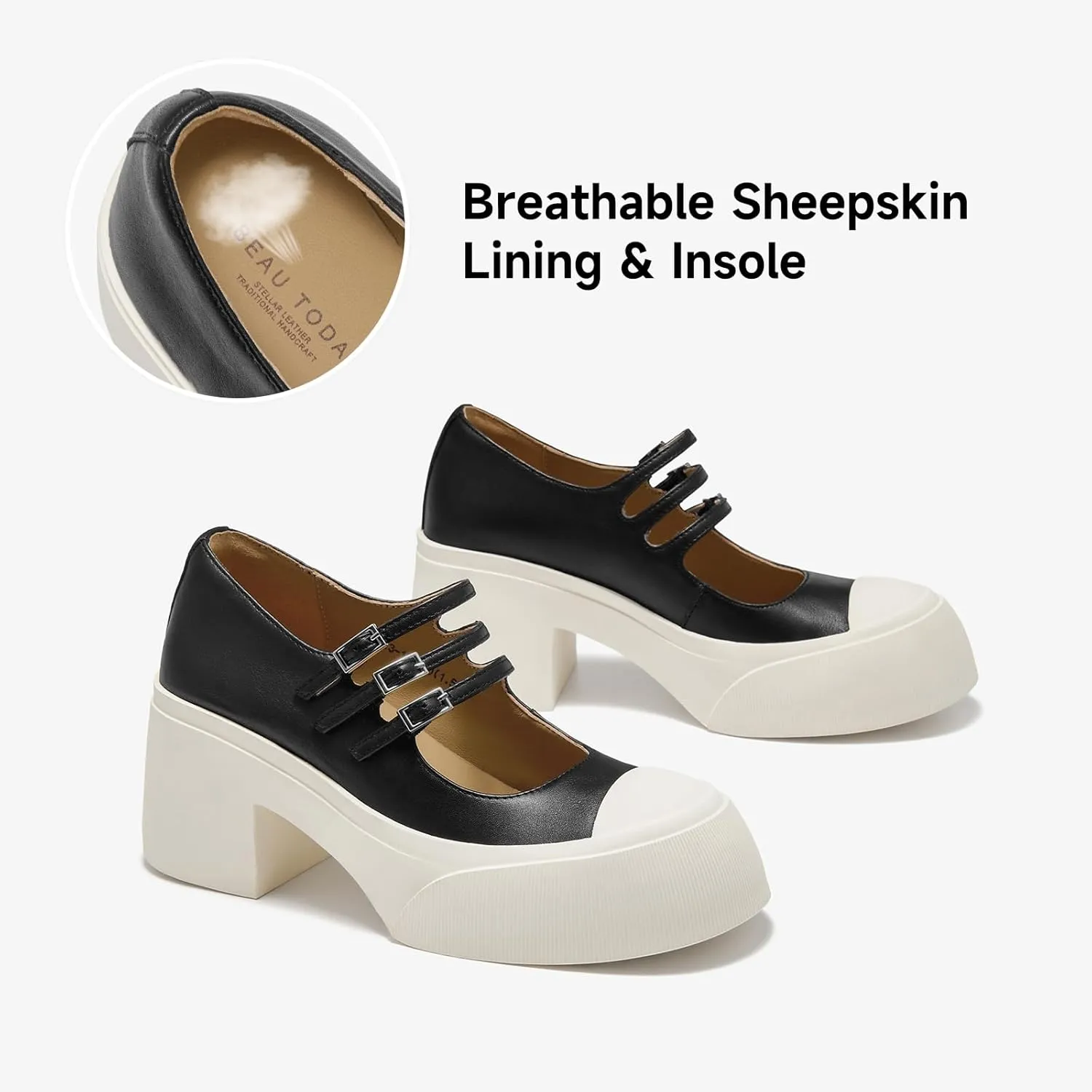 BEAU TODAY Women's Platform Mary Jane Pumps, Genuine Leather Chunky Block Mary Jane Shoes Women Heels, Closed Round Toe Dress Pumps Shoes with Buckle Strap for Office Party Casual Weeding