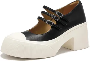BEAU TODAY Women's Platform Mary Jane Pumps, Genuine Leather Chunky Block Mary Jane Shoes Women Heels, Closed Round Toe Dress Pumps Shoes with Buckle Strap for Office Party Casual Weeding