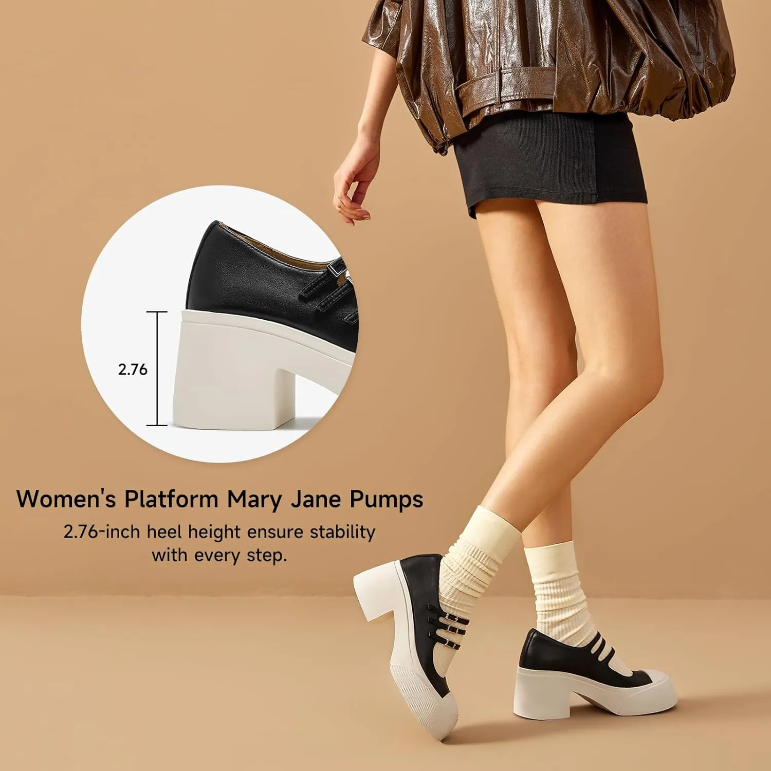 BEAU TODAY Women's Platform Mary Jane Pumps, Genuine Leather Chunky Block Mary Jane Shoes Women Heels, Closed Round Toe Dress Pumps Shoes with Buckle Strap for Office Party Casual Weeding