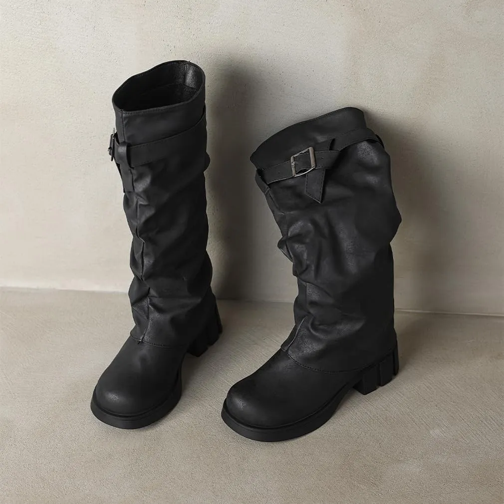 BEAUPAS Women's Goth Platform Riding Boots Pull On Buckle Boots Fold Over Tall Knee High Boots Chunky Block Heel Biker Boots Vintage Slouchy Round Toe Shoes