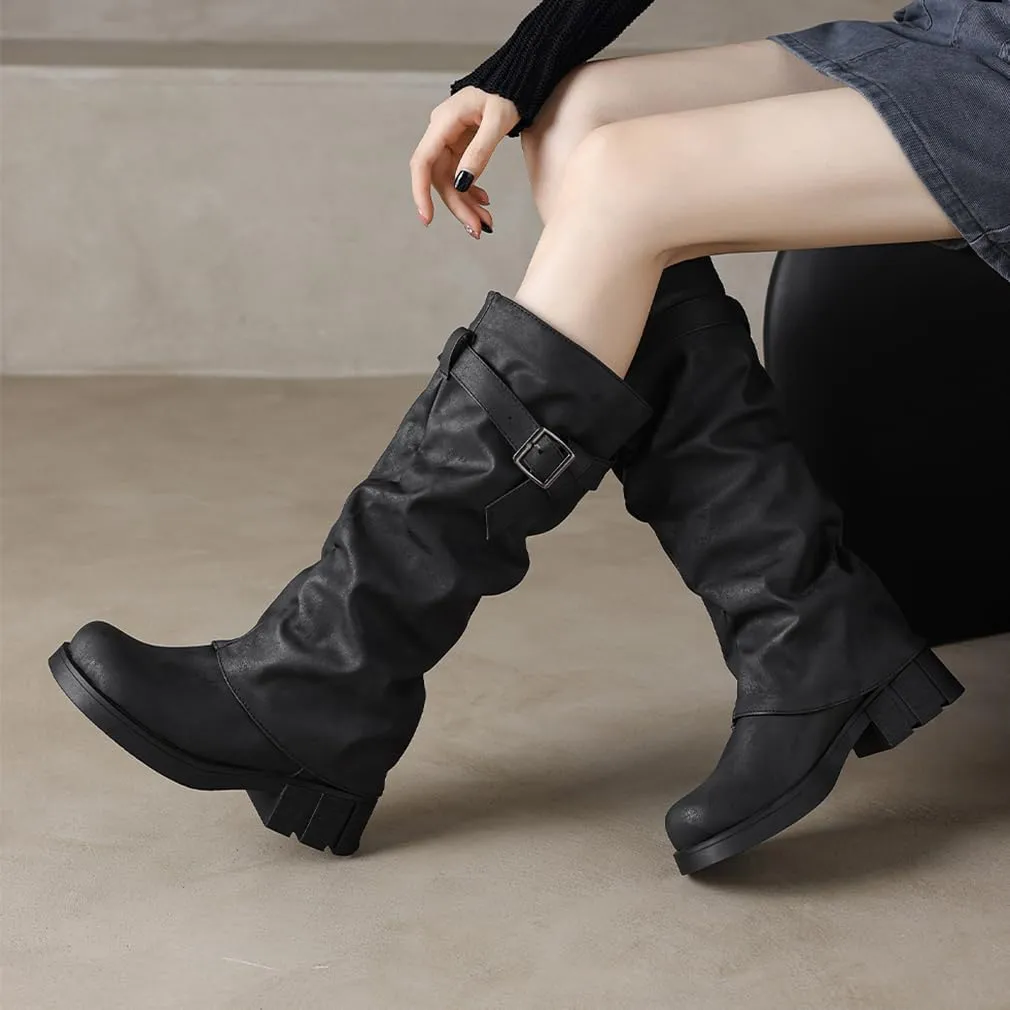 BEAUPAS Women's Goth Platform Riding Boots Pull On Buckle Boots Fold Over Tall Knee High Boots Chunky Block Heel Biker Boots Vintage Slouchy Round Toe Shoes