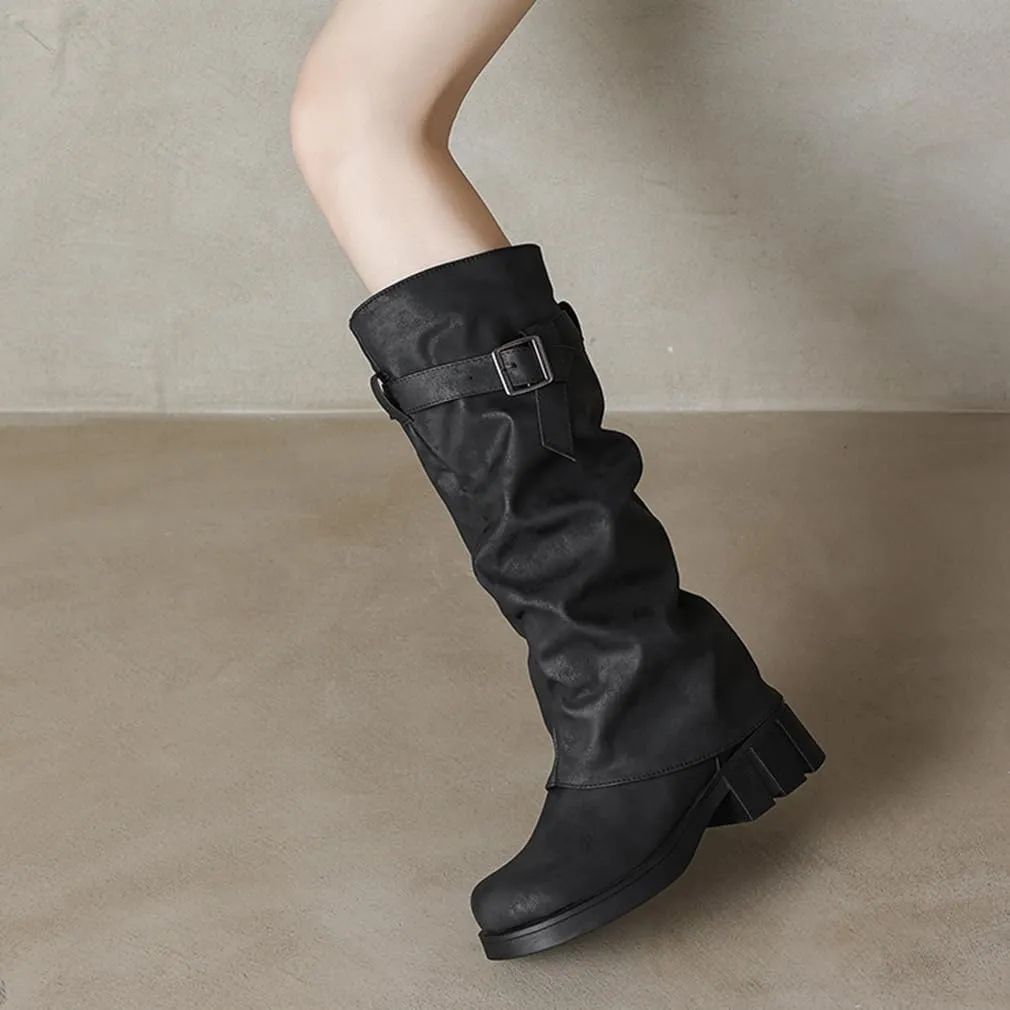 BEAUPAS Women's Goth Platform Riding Boots Pull On Buckle Boots Fold Over Tall Knee High Boots Chunky Block Heel Biker Boots Vintage Slouchy Round Toe Shoes