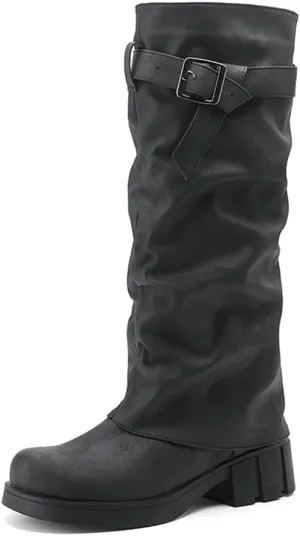 BEAUPAS Women's Goth Platform Riding Boots Pull On Buckle Boots Fold Over Tall Knee High Boots Chunky Block Heel Biker Boots Vintage Slouchy Round Toe Shoes