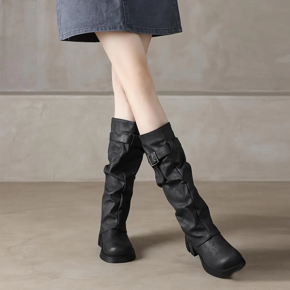 BEAUPAS Women's Goth Platform Riding Boots Pull On Buckle Boots Fold Over Tall Knee High Boots Chunky Block Heel Biker Boots Vintage Slouchy Round Toe Shoes