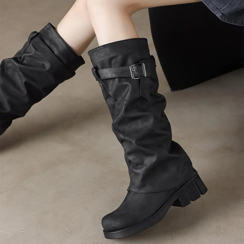 BEAUPAS Women's Goth Platform Riding Boots Pull On Buckle Boots Fold Over Tall Knee High Boots Chunky Block Heel Biker Boots Vintage Slouchy Round Toe Shoes