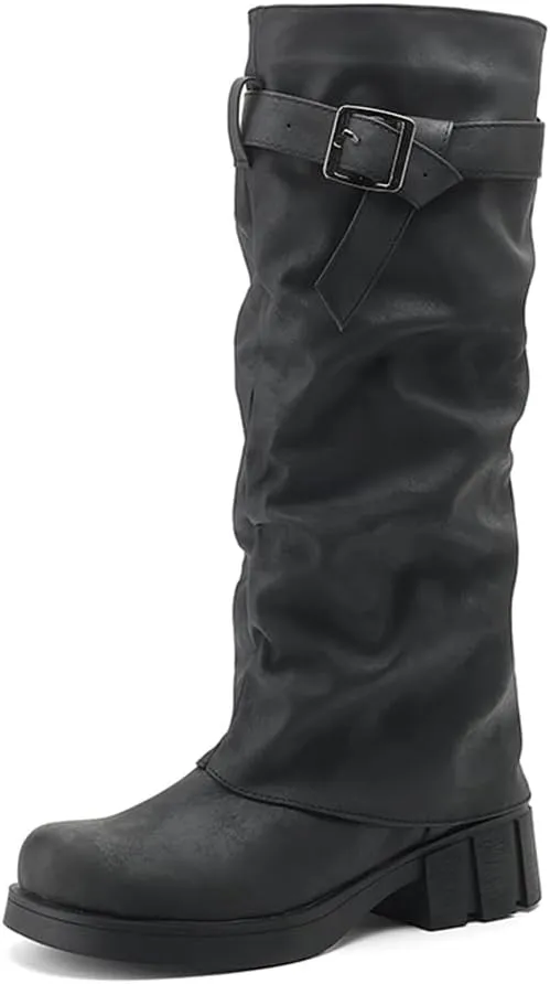 BEAUPAS Women's Goth Platform Riding Boots Pull On Buckle Boots Fold Over Tall Knee High Boots Chunky Block Heel Biker Boots Vintage Slouchy Round Toe Shoes
