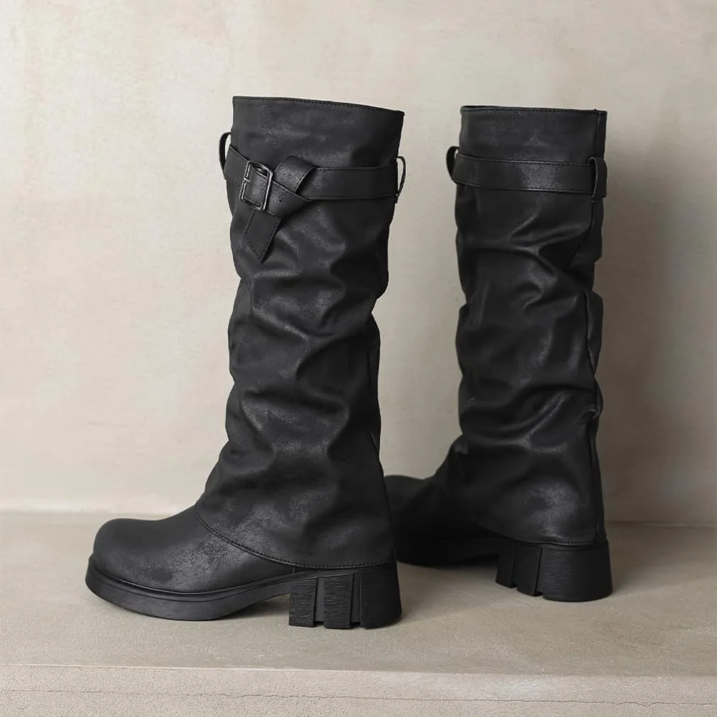 BEAUPAS Women's Goth Platform Riding Boots Pull On Buckle Boots Fold Over Tall Knee High Boots Chunky Block Heel Biker Boots Vintage Slouchy Round Toe Shoes
