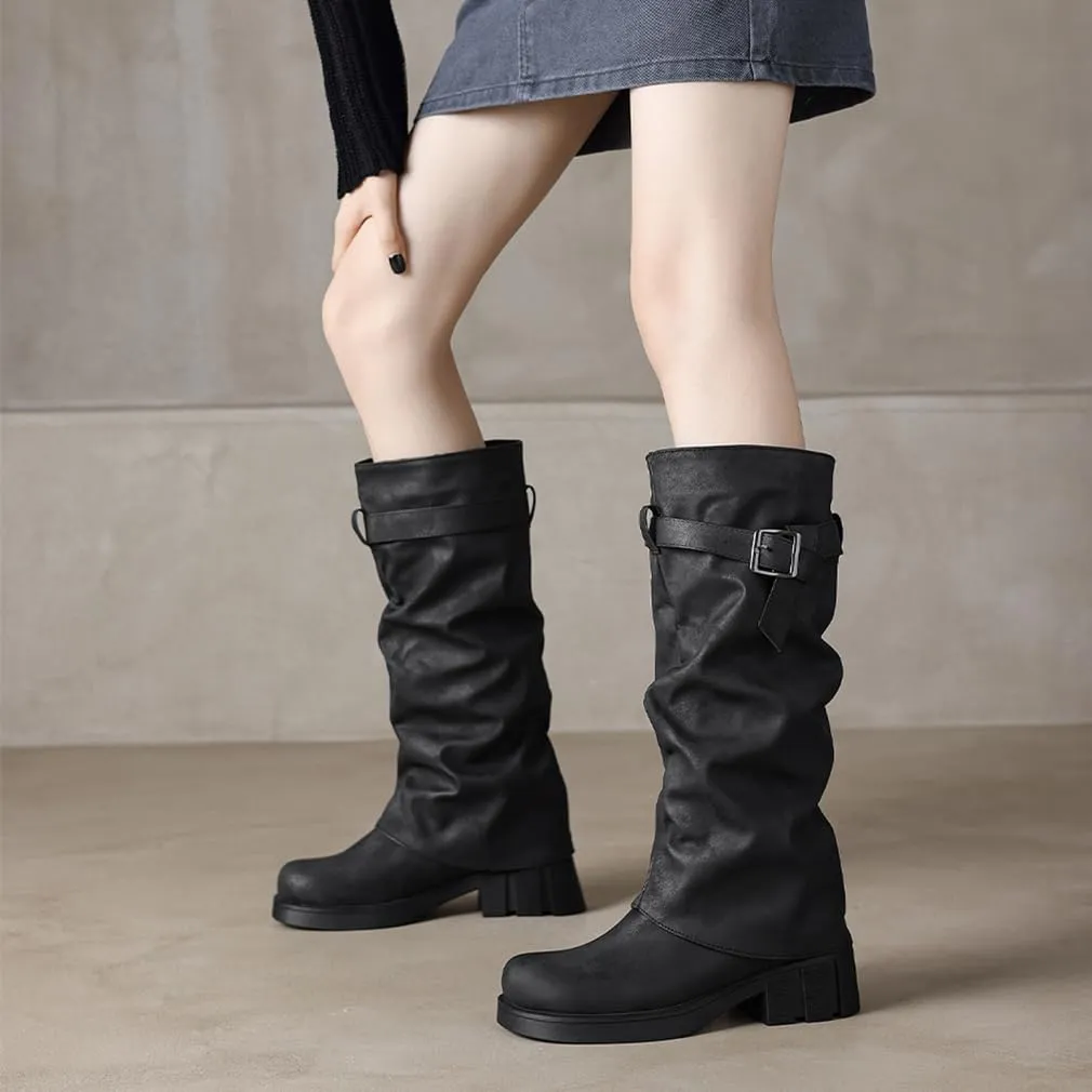 BEAUPAS Women's Goth Platform Riding Boots Pull On Buckle Boots Fold Over Tall Knee High Boots Chunky Block Heel Biker Boots Vintage Slouchy Round Toe Shoes