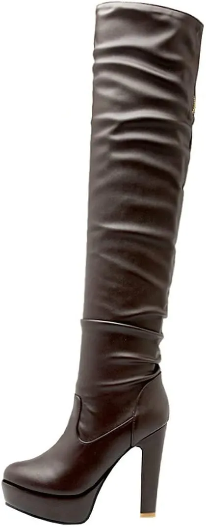 BEAUPAS Women's High Heel Platform Over The Knee Boots Thigh High Chunky Block Heel Boots Slouchy Round Toe Gothic Shoes