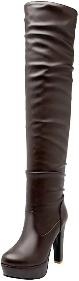 BEAUPAS Women's High Heel Platform Over The Knee Boots Thigh High Chunky Block Heel Boots Slouchy Round Toe Gothic Shoes