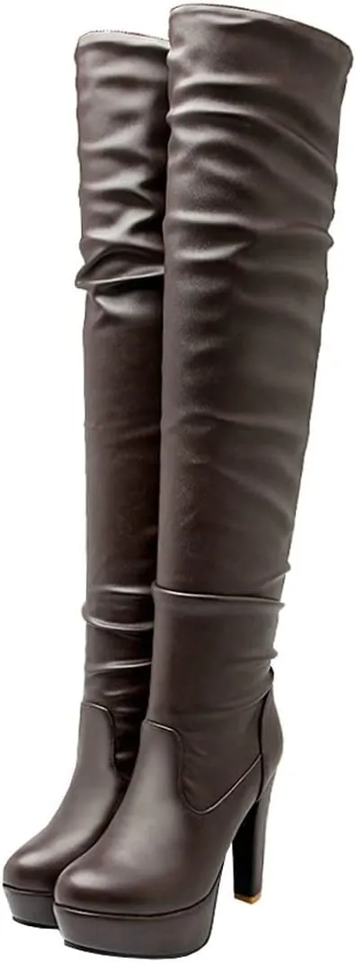 BEAUPAS Women's High Heel Platform Over The Knee Boots Thigh High Chunky Block Heel Boots Slouchy Round Toe Gothic Shoes