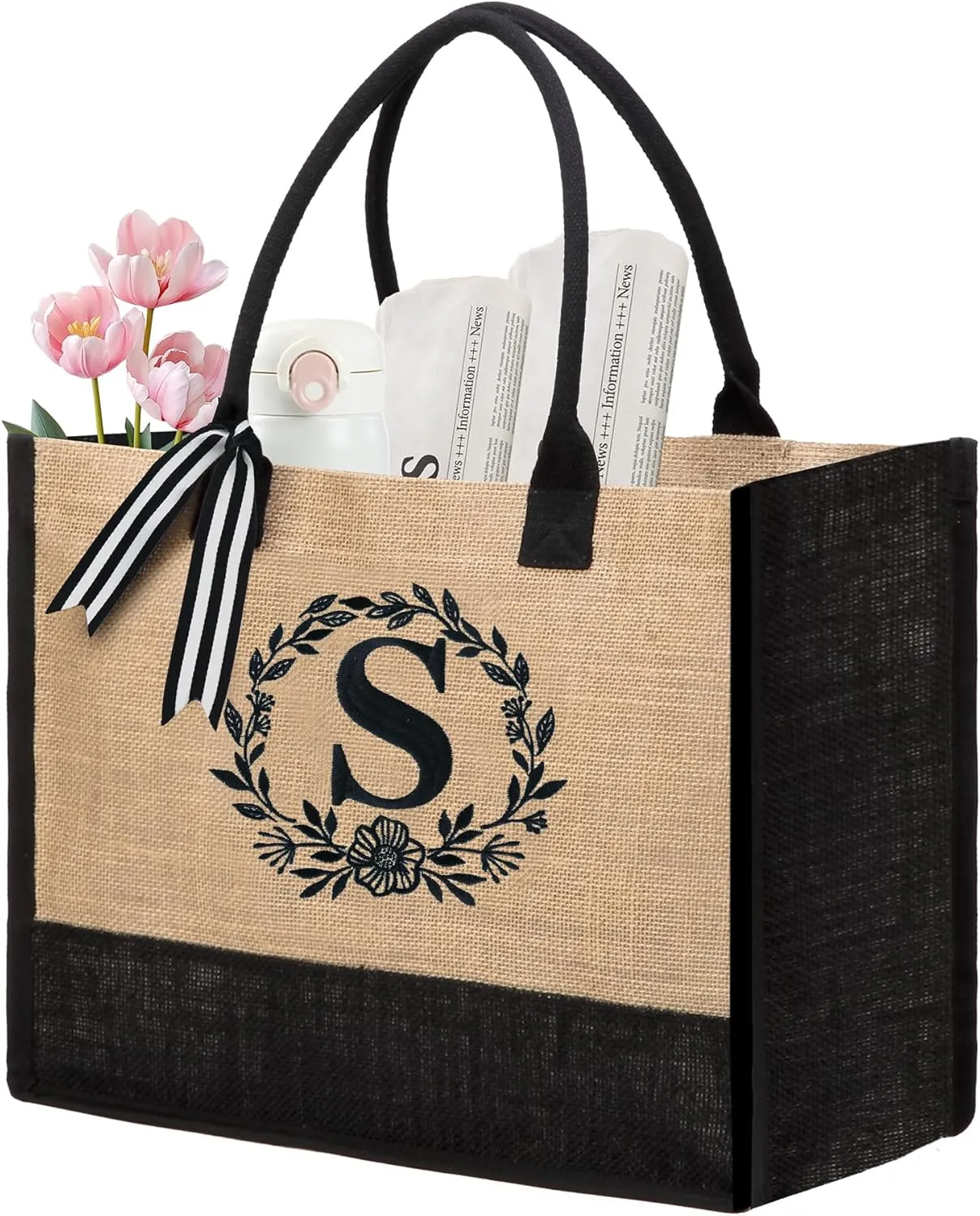 BeeGreen Gift Basket Monogram Initial Canvas Tote Bag with Pocket Embroidery Personalized Tote for Mom Teacher Friend