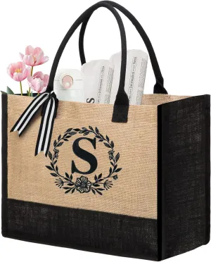 BeeGreen Gift Basket Monogram Initial Canvas Tote Bag with Pocket Embroidery Personalized Tote for Mom Teacher Friend