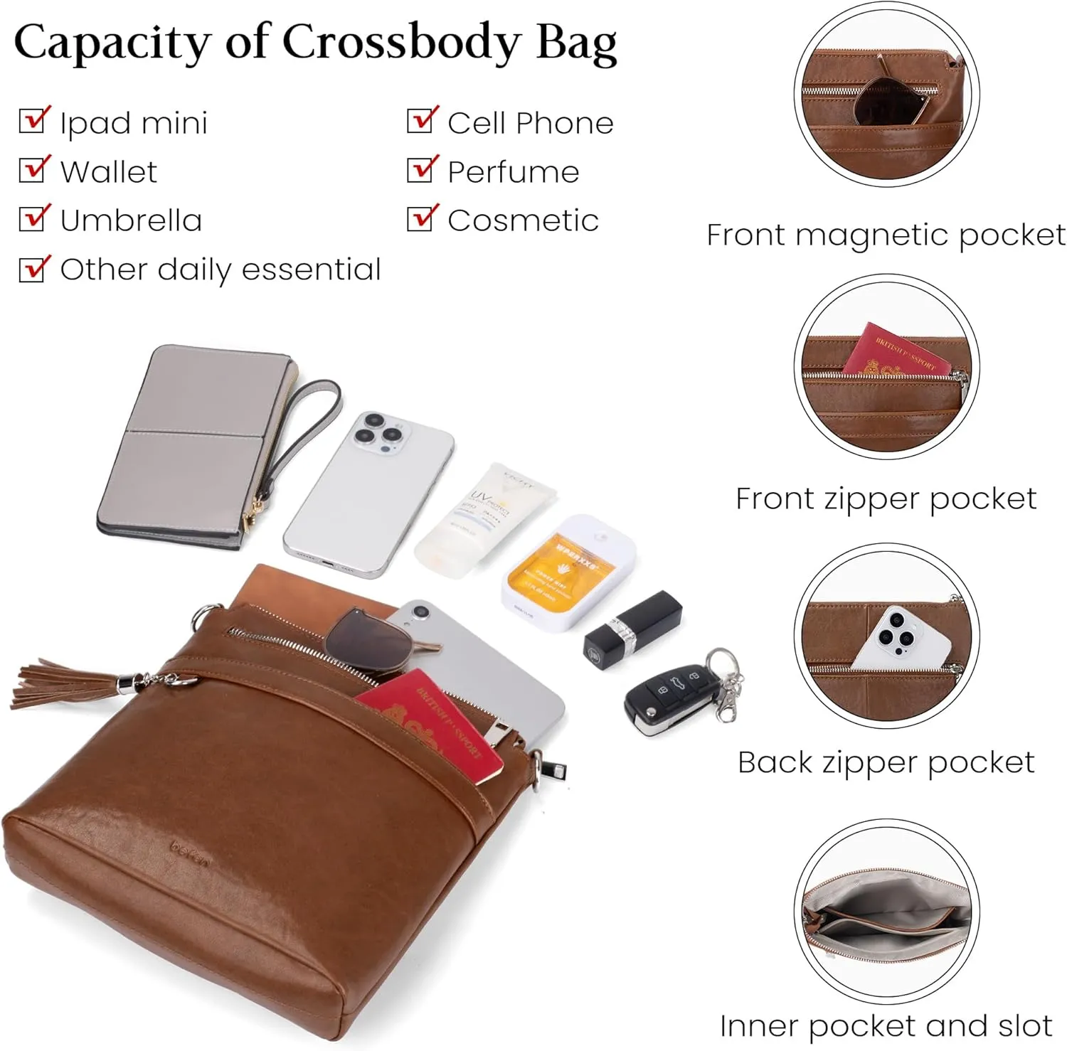 befen Genuine Leather Crossbody Purses for Women, Womens Medium Cross Body Bags Handbag Shoulder Purse with Adjustable Straps
