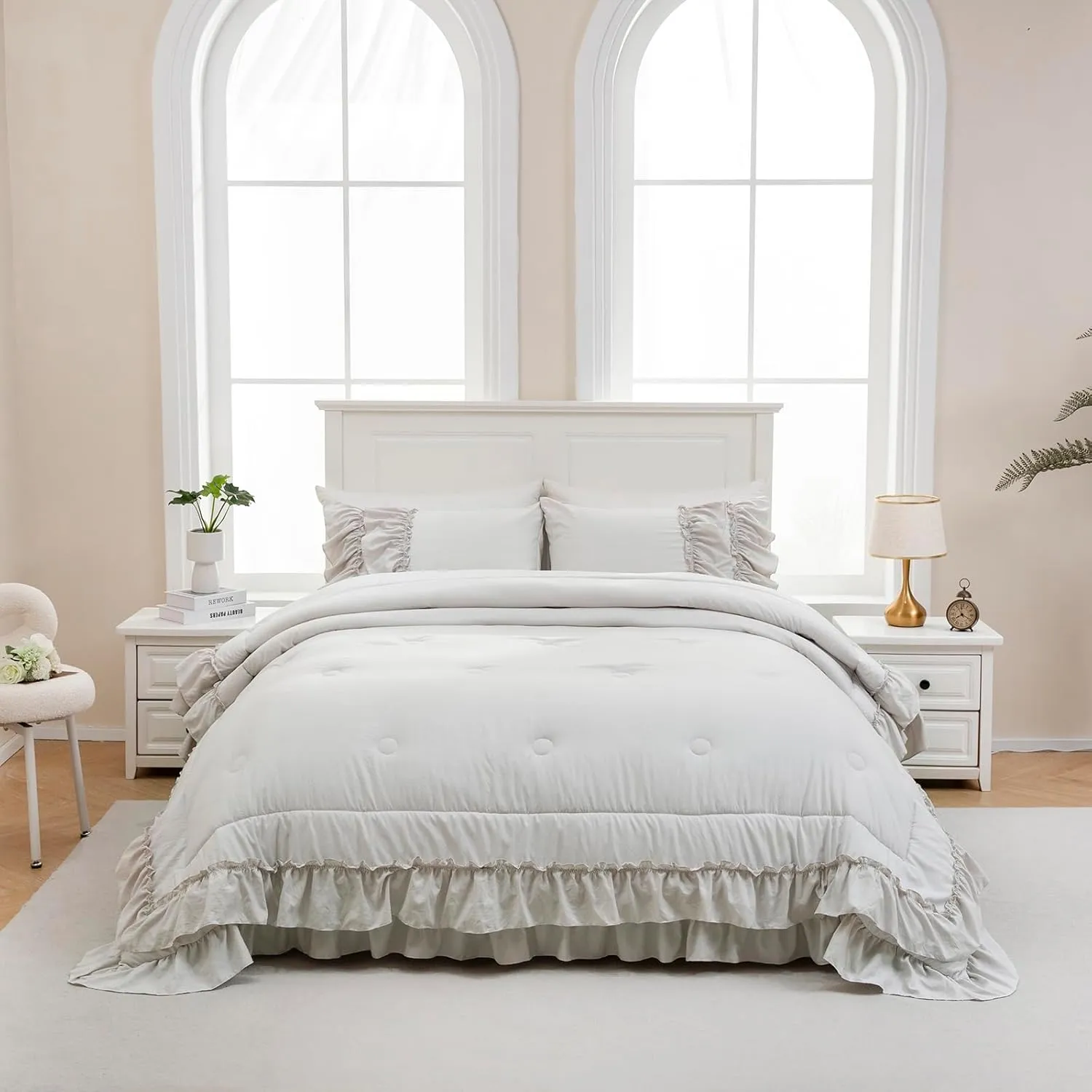 Beige Comfrter Set King Size Boho Bedding Set Shabby Chic 2 Layers Ruffles Bedroom Home Decor Ultra Soft Microfiber Farmhouse Down Comforter Bohemian Quilt Set for Girls Women